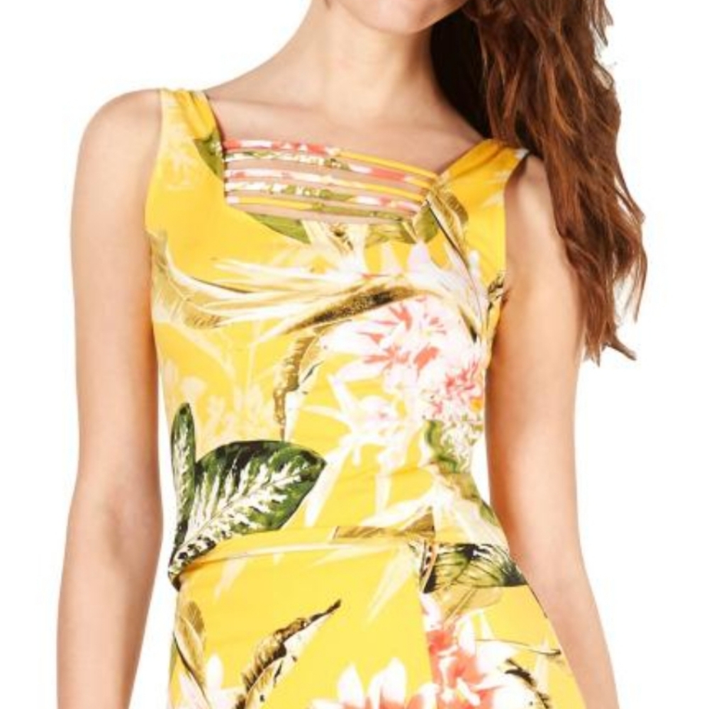 Guess cropped maeko palm print yellow tank top